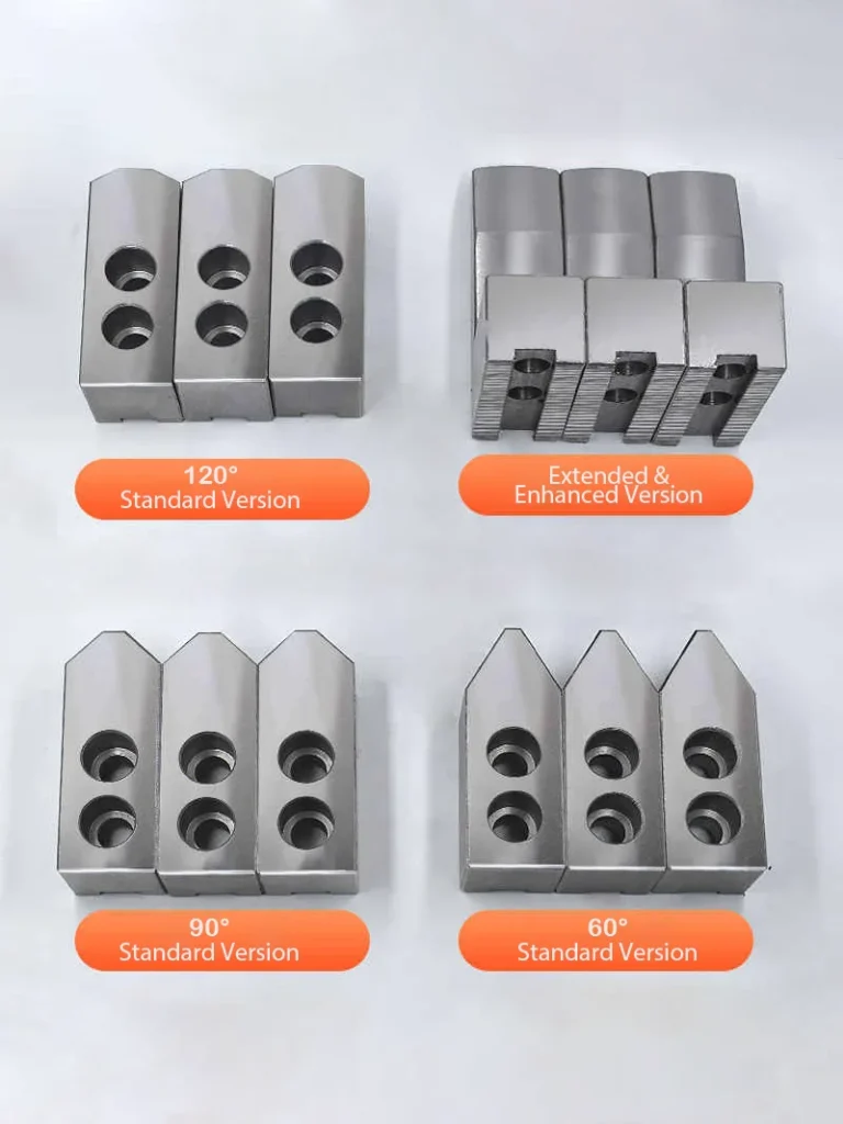 Side-by-side comparison of four lathe chuck jaw configurations: 60‑degree, 90‑degree, 120‑degree, and an extended/enhanced jaw design, showing differences in gripping angle and profile.
